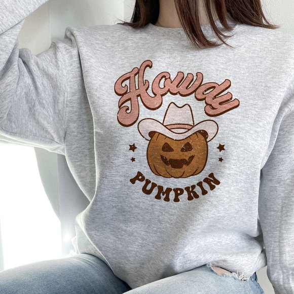 Howdy Pumpkin Halloween Western Sweatshirt Ash light Grey - Picture 1 of 5